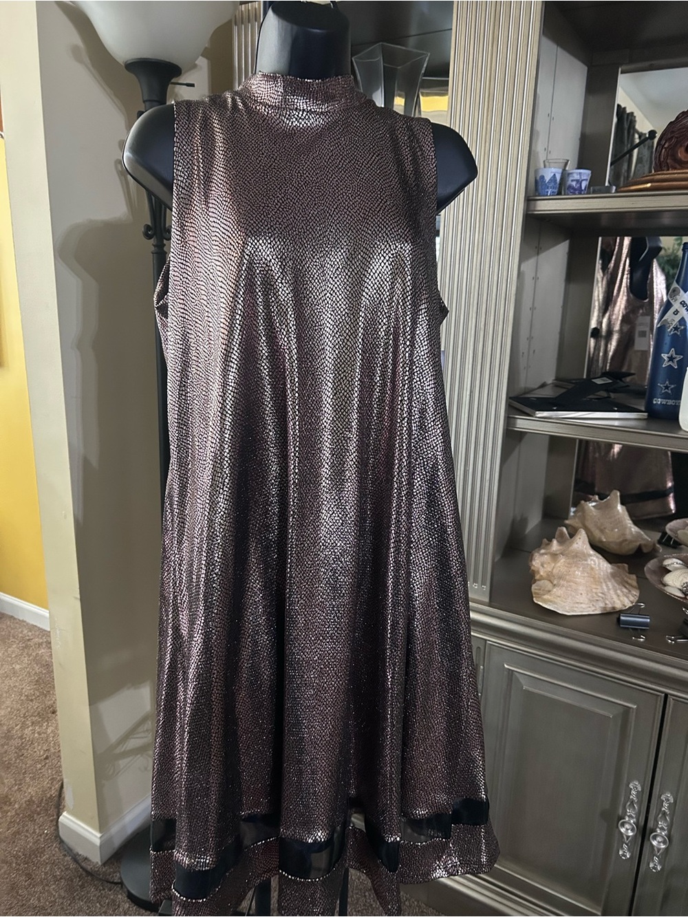 Womens Metallic Bronze Swing Dress with High Neck